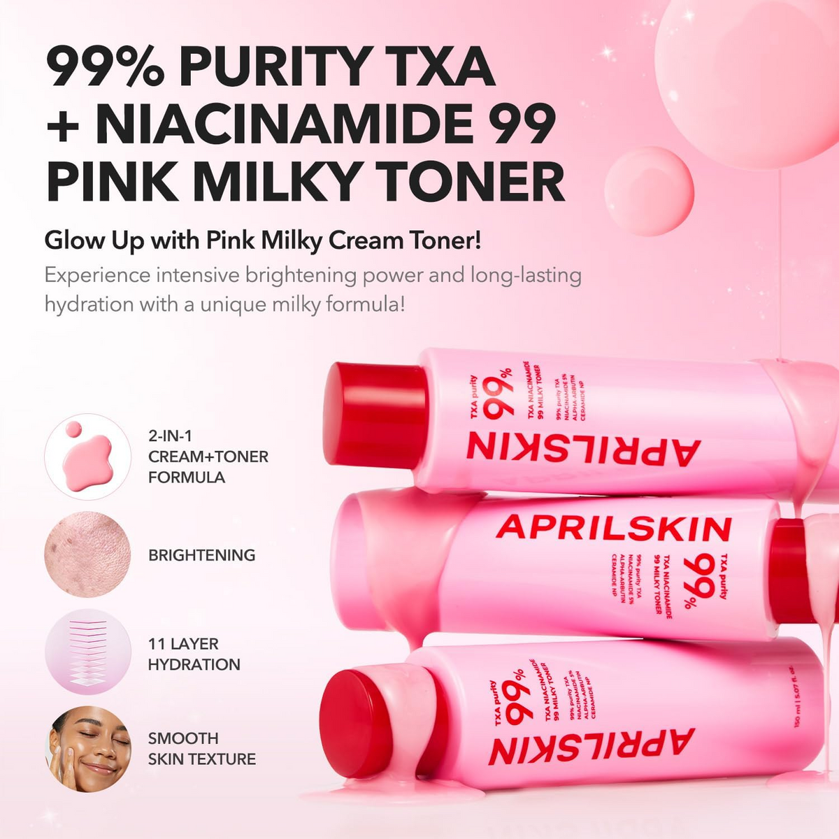 three bottles of APRILSKIN TXA+Niacinamide 99 Pink Milky Toner 