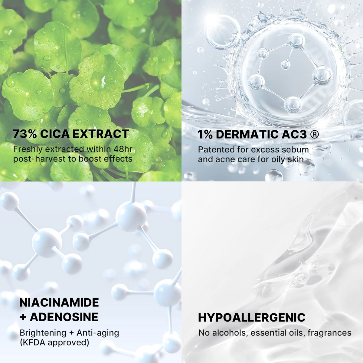 skincare ingredient visuals: cica, dermatic ac3, niacinamide and adenosine