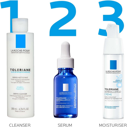 LA ROCHE-POSAY Toleriane Dermallergo Soothing Cream 40mL, serum and cleanser placed side-by-side