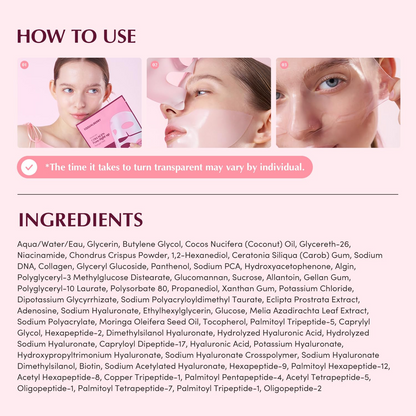 instructions to use EQQUALBERRY Collagen Pore-Tight Up Mask sheets with ingredients list