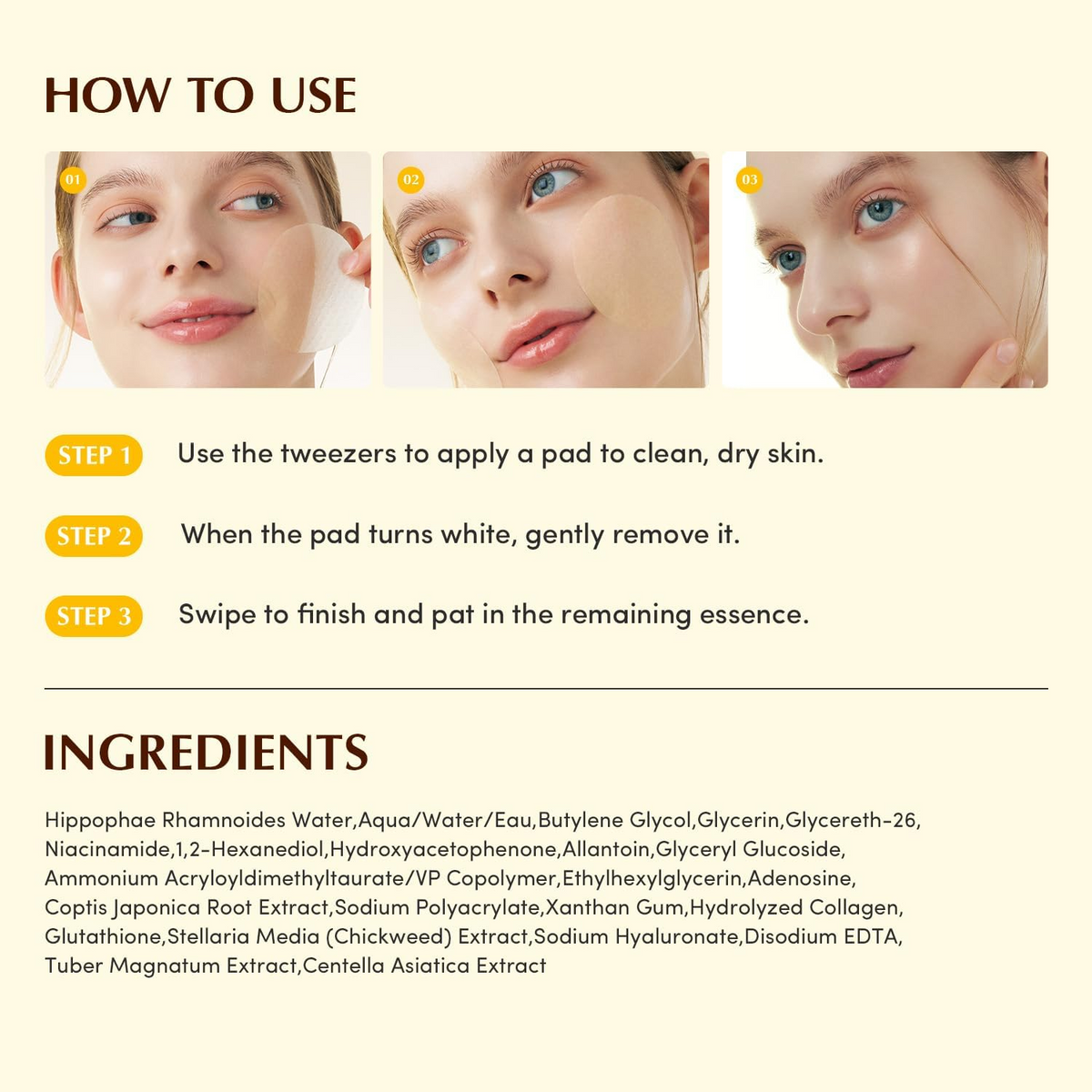 instructions to use EQQUALBERRY Collagen Glow Up Gel Toner Pads with ingredients list