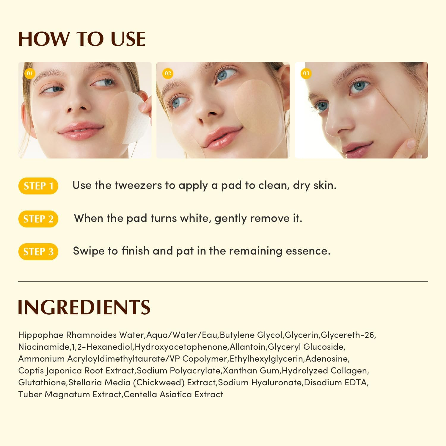 instructions to use EQQUALBERRY Collagen Glow Up Gel Toner Pads with ingredients list