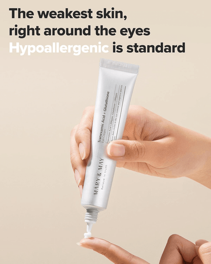 Mary&May Tranexamic Acid + Glutathione Eye Cream 30mL dispensed onto a finger