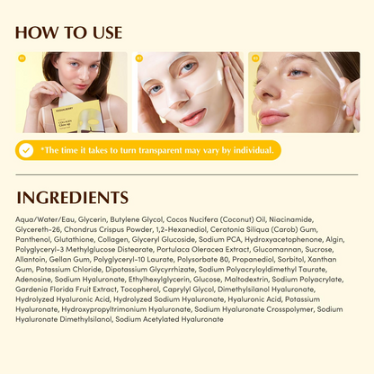 instruction to use EQQUALBERRY Collagen Glow Up Mask with ingredients list