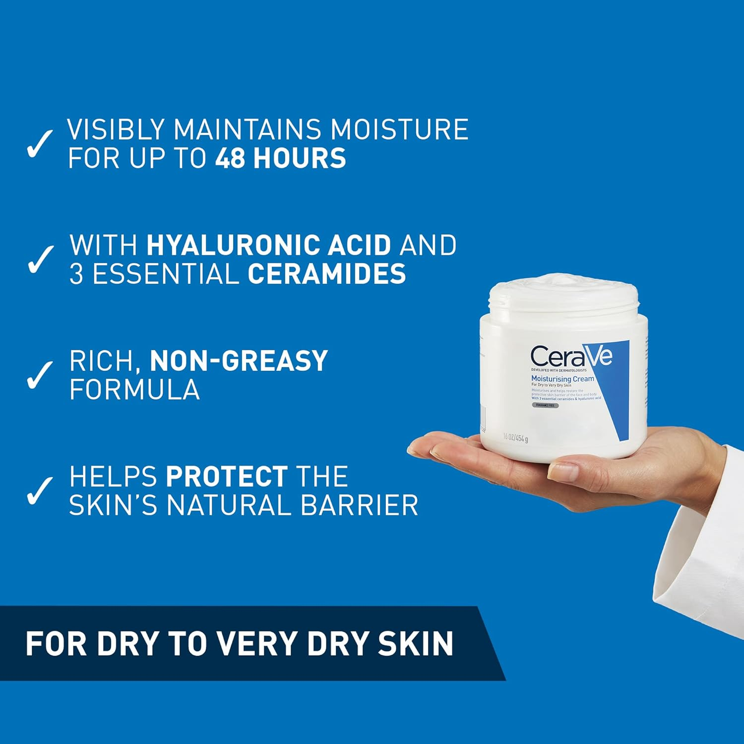 CeraVe Moisturising Cream For Dry to Very Dry Skin 340g product held by a hand