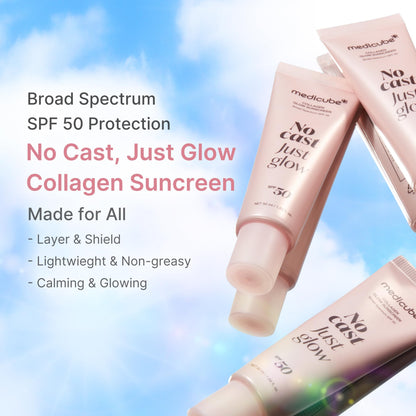 Medicube Collagen sunscreen bottles with product details on a blue sky background