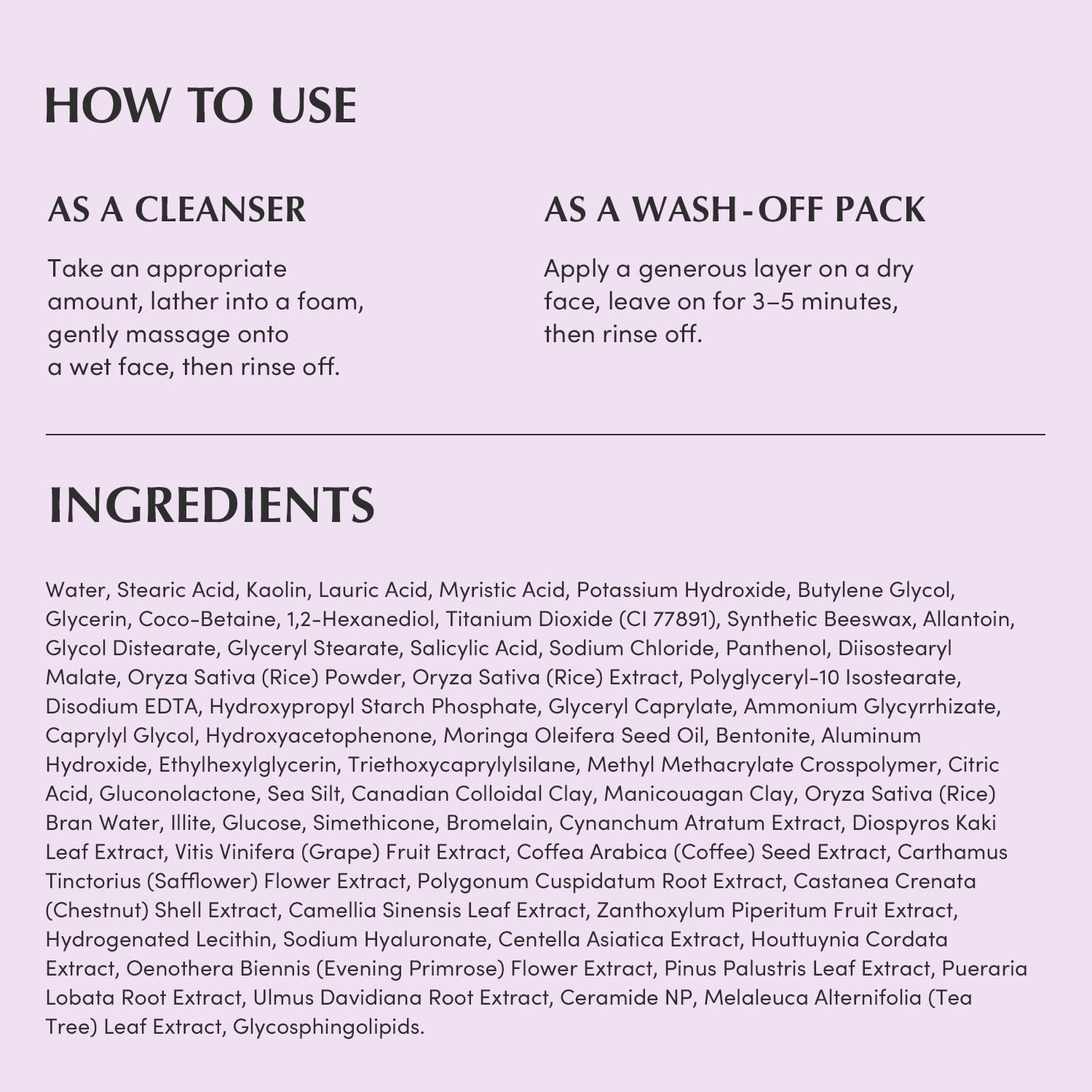 instructions to use EQQUALBERRY Purple Rice Pore Purifying Pack Cleanser with ingredients list