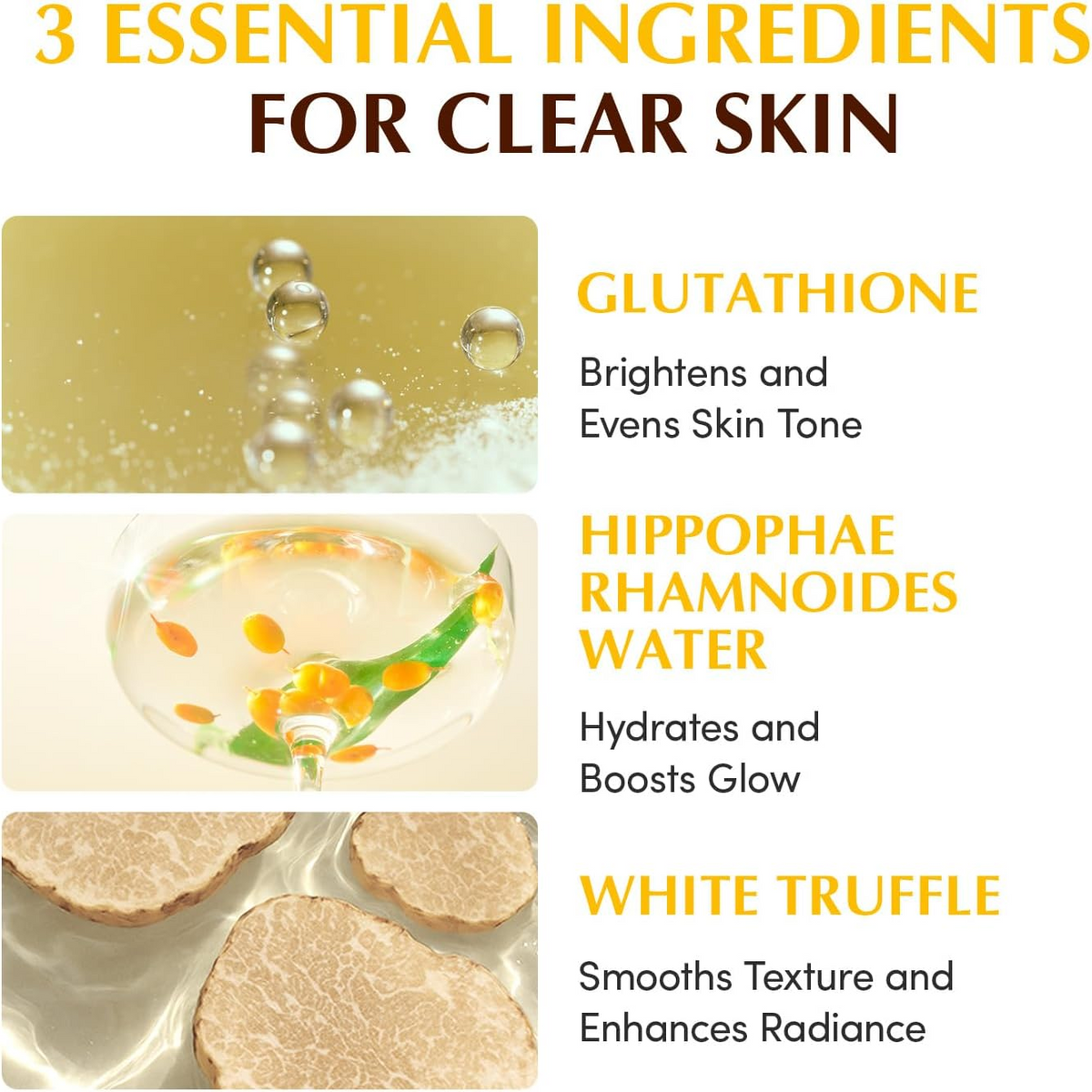 Three essential ingredients for clear skin with images and descriptions
