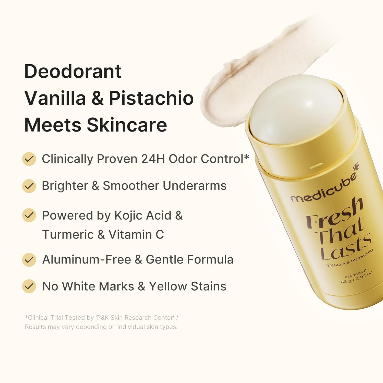 Medicube Fresh That Lasts Vanilla & Pistachio Deodorant Stick with vanilla and pistachio scent features.