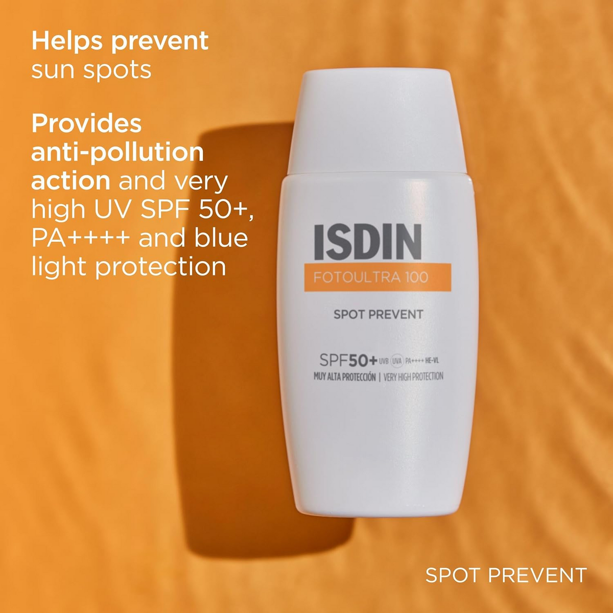 ISDIN Fotoultra 100 Spot Prevent SPF 50+ bottle on an orange surface
