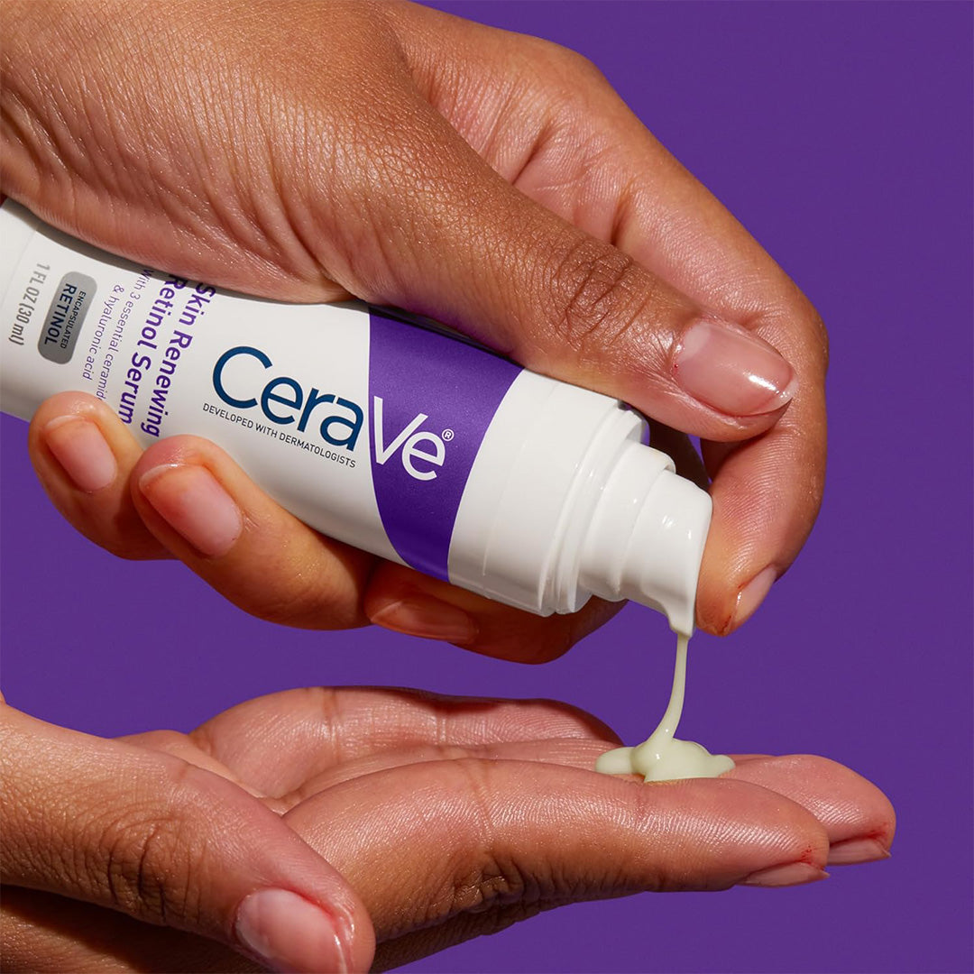 CeraVe Skin Renewing Retinol Serum dispensed out on a hand