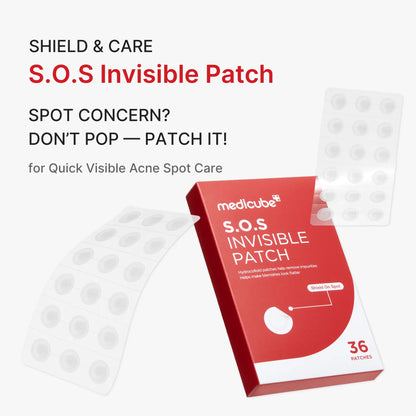 Medicube S.O.S Invisible Patch box with 36 ultra-thin hydrocolloid blemish patches containing Salicylic Acid and Tea Tree Oil to absorb impurities and help spots appear flatter in UAE.