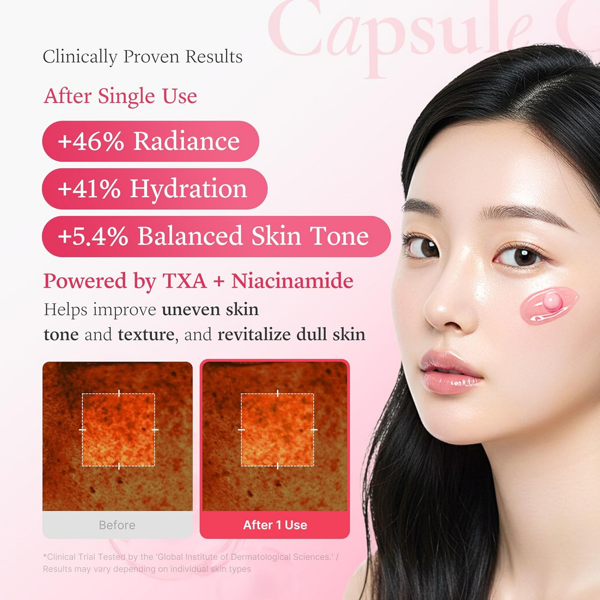 woman with Medicube TXA + Niacinamide 5% Capsule Cream 55g on her left cheek