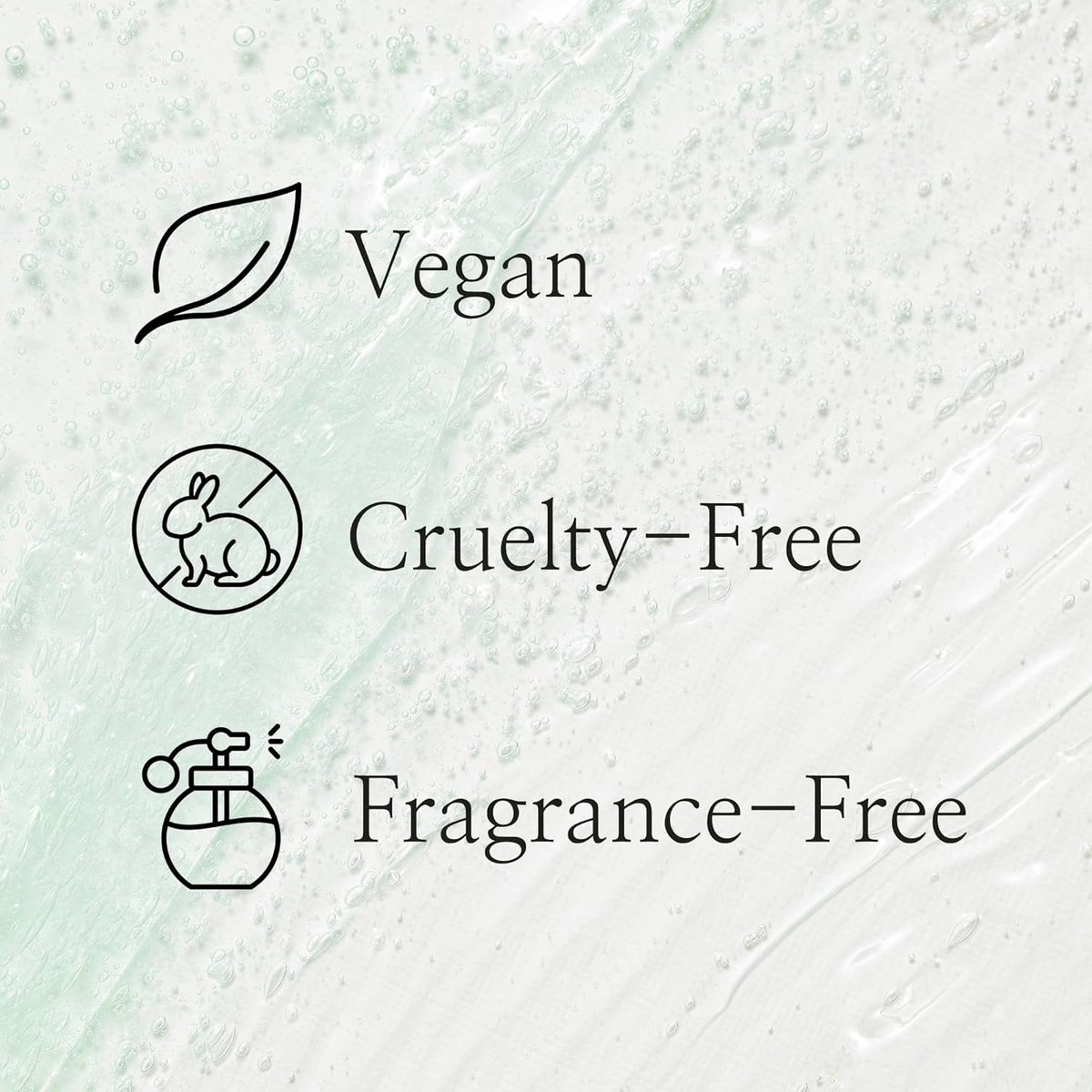 Icons and text labeled vegan, cruelty-free, and fragrance-free