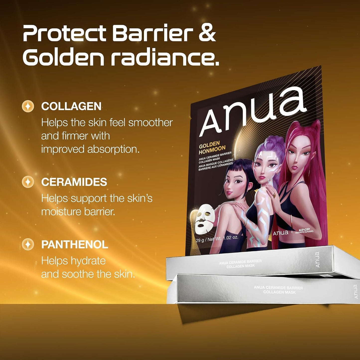 Anua Golden Honmoon Ceramide Barrier Collagen Mask 29g KPop Demon Hunters hydrogel sheet mask with Collagen, Ceramide and Panthenol for deep hydration and glowing skin in UAE.