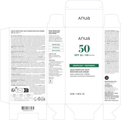 Anua Heartleaf Silky Moisture Sun Cream SPF50+ PA++++ 50ml Korean hydrating sunscreen with Heartleaf and Panthenol for daily UV protection and a smooth finish in UAE.