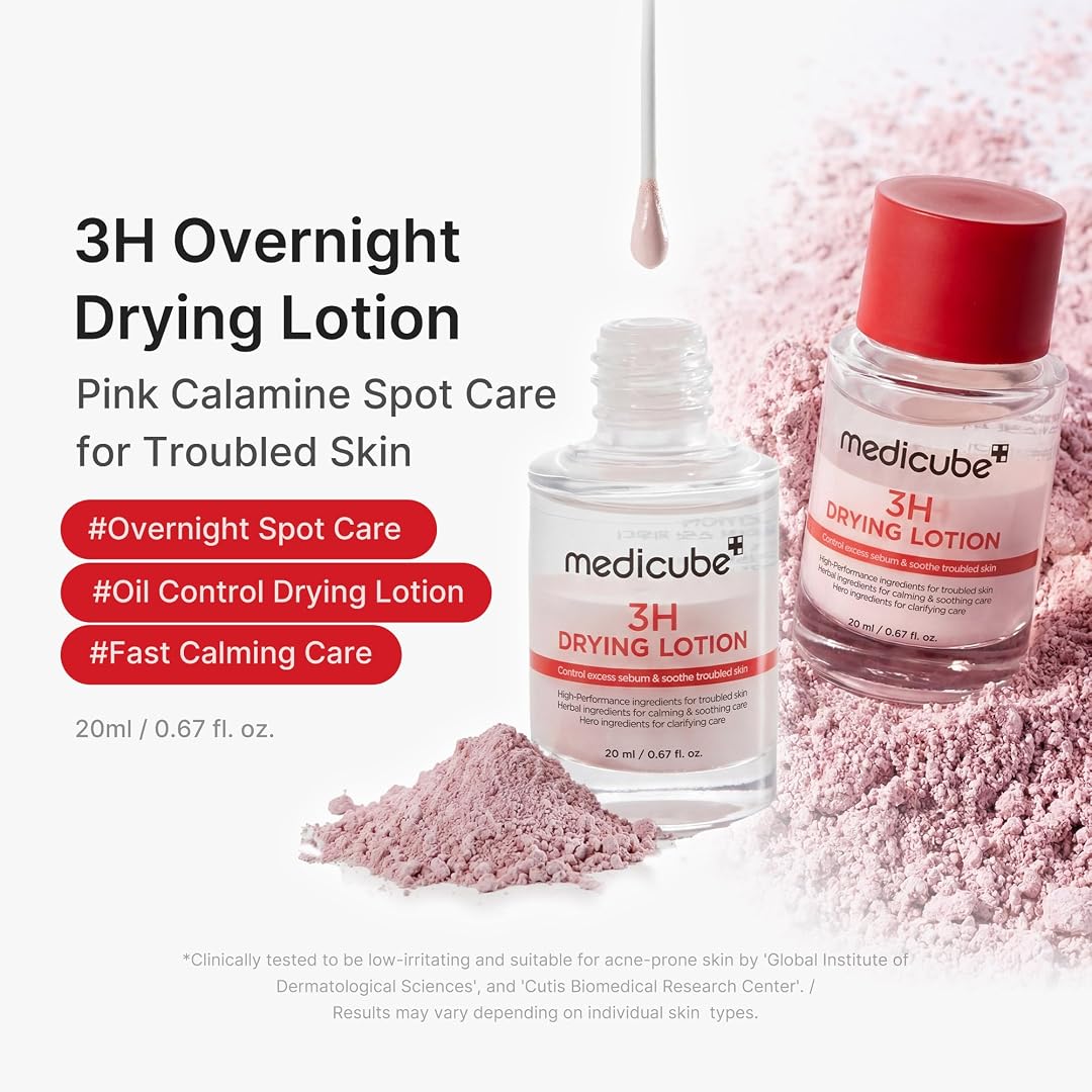 Medicube 3H Overnight Drying Lotion 20ml pink Calamine spot treatment with Salicylic Acid, Tea Tree and Centella for blemishes, excess oil and troubled skin in UAE.