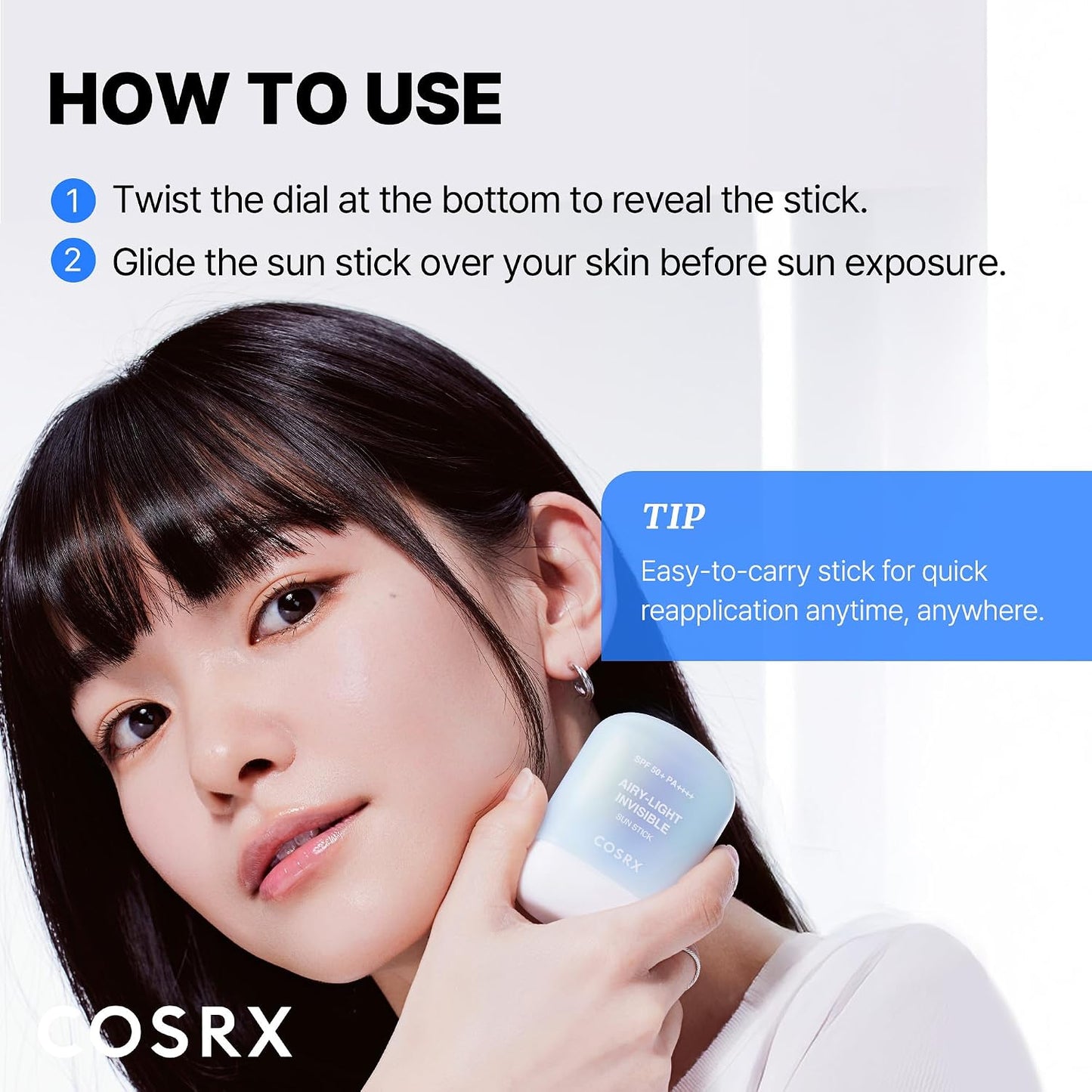 COSRX Airy-Light Invisible Sun Stick SPF50+ PA++++ 19g Korean sunscreen stick with Niacinamide and Zinc PCA for invisible UV protection, oil control, sweat resistance, and no white cast available in UAE.