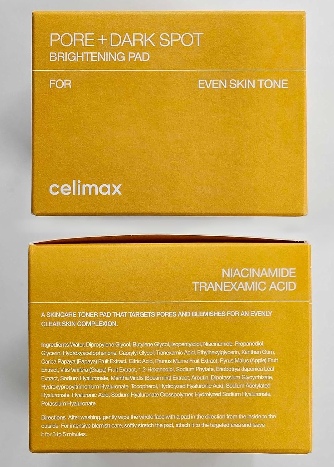 front and back side box packaging of celimax Pore+Dark Spot Brightening Pad