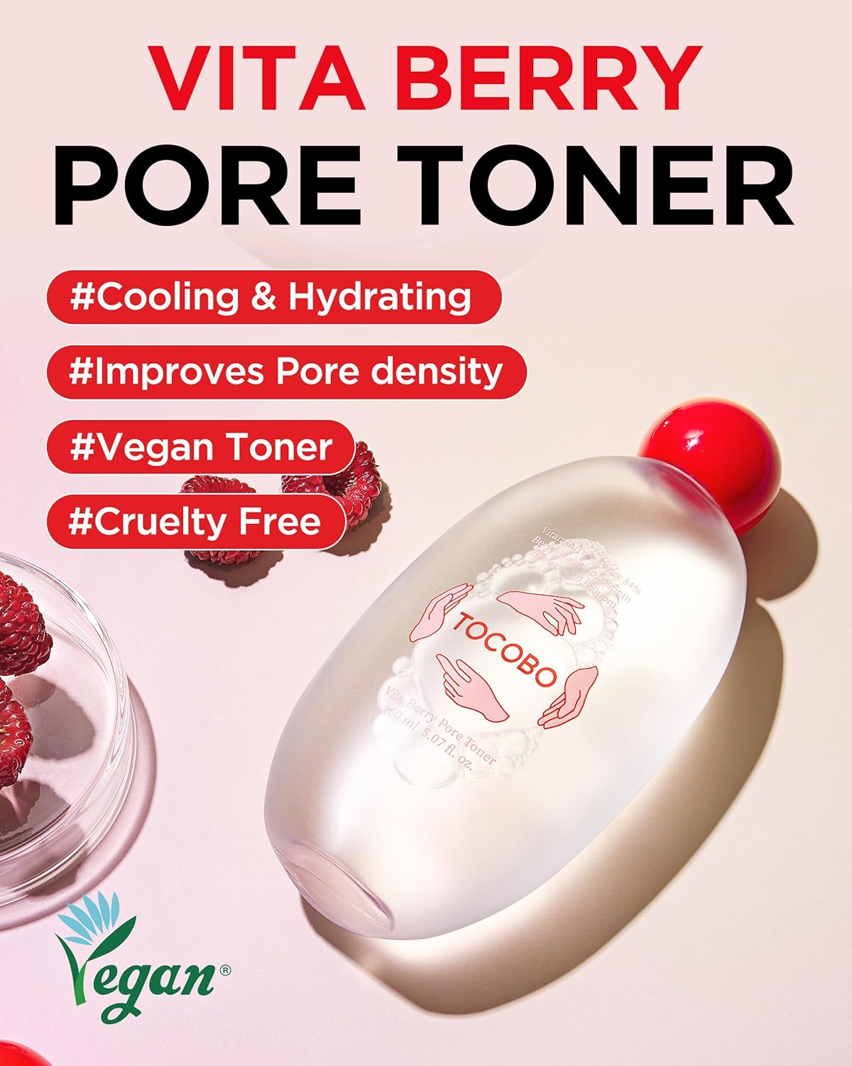 TOCOBO Vita Berry Pore Toner 150mL on a surface with berries beside it