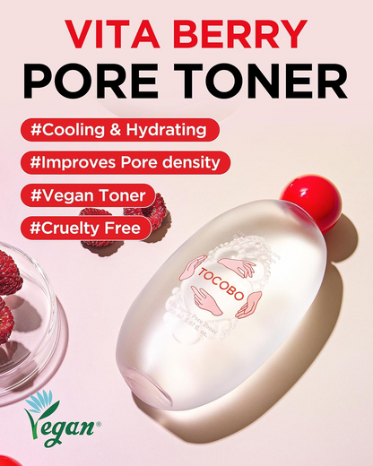 TOCOBO Vita Berry Pore Toner 150mL on a surface with berries beside it