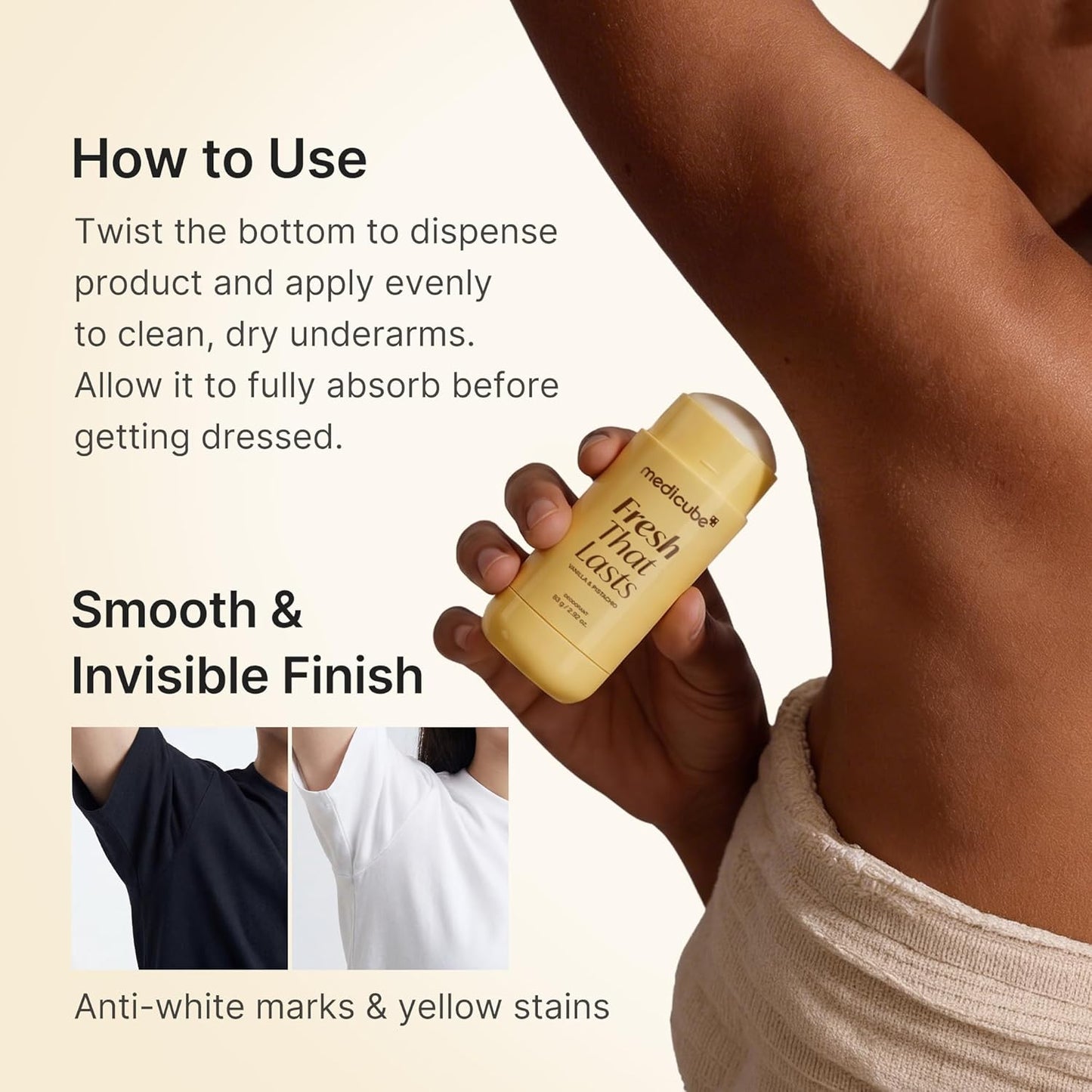 Medicube Fresh That Lasts Vanilla & Pistachio Deodorant Stick with instructions on how to use it, held by a person.