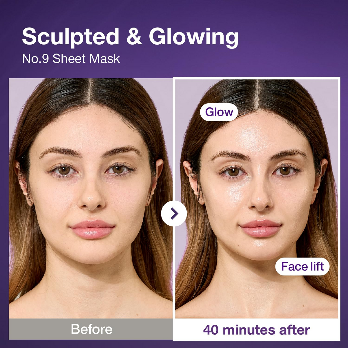before and after comparision of using No.9 BIO Lifting sheet mask on woman's face
