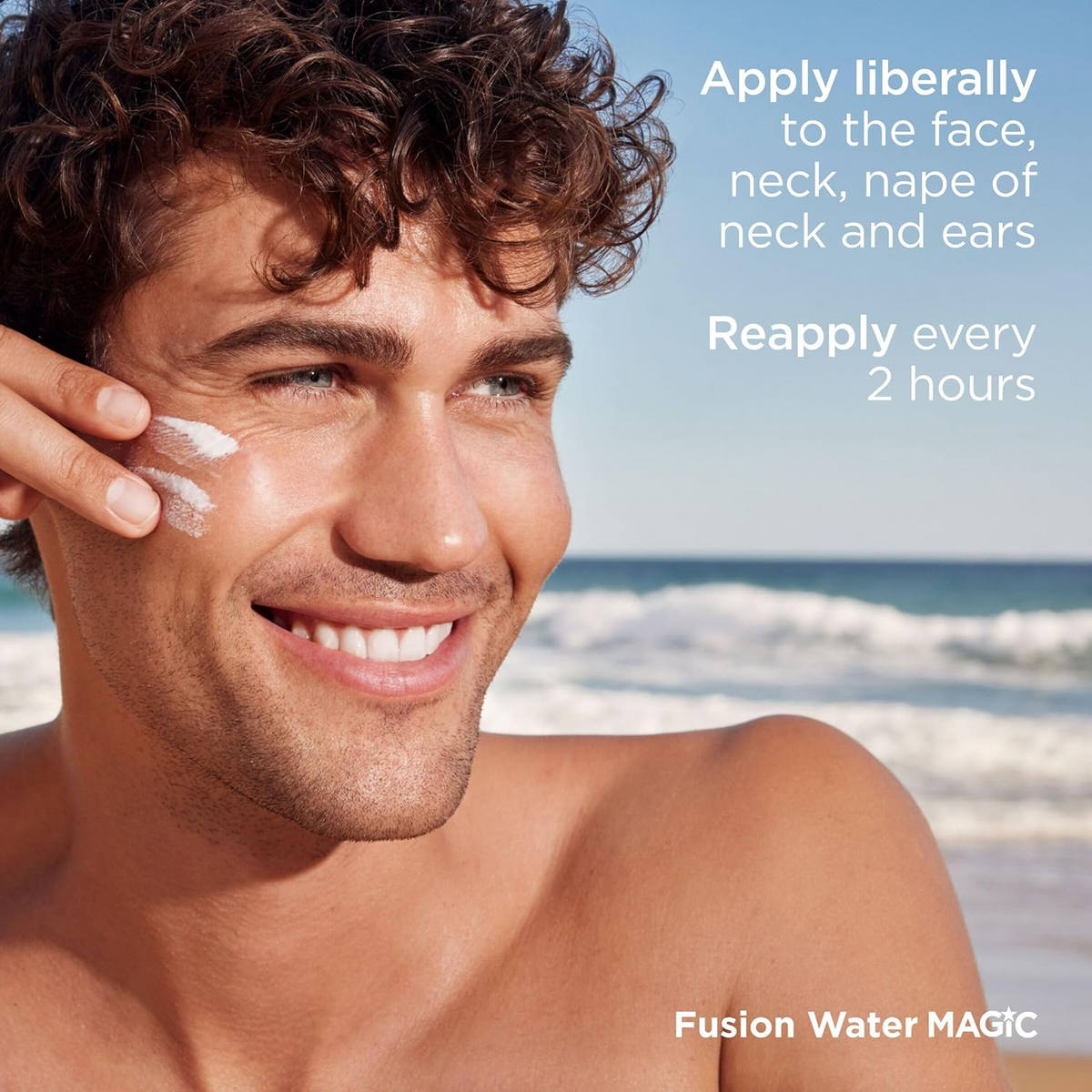 man applying ISDIN Fusion Water Magic SPF50 on his cheek