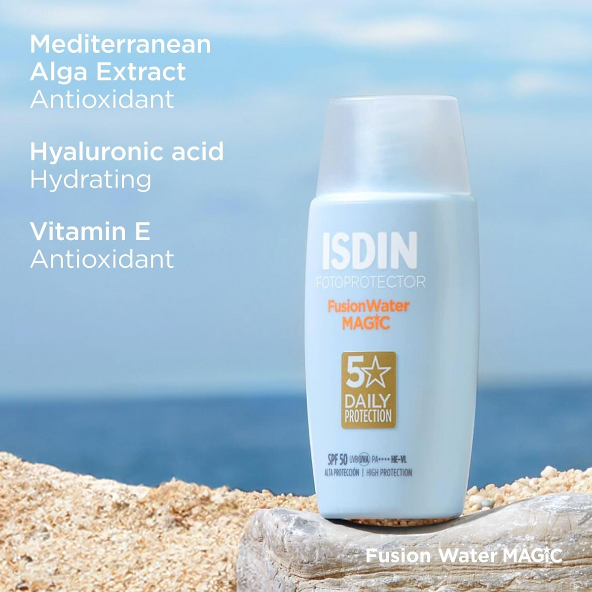ISDIN Fusion Water Magic SPF50 50mL bottle on a rock