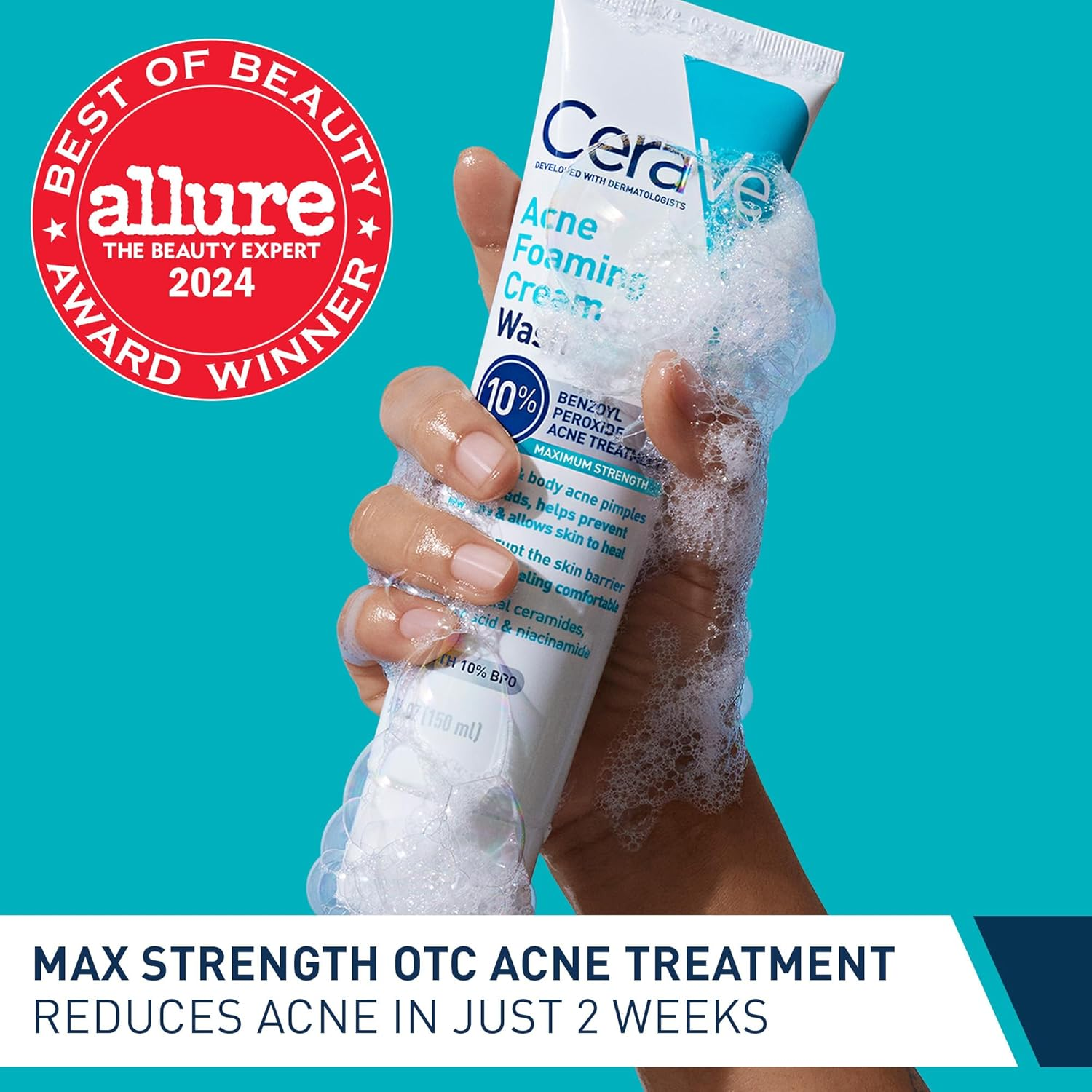 a hand holding CeraVe Acne Foaming Cream Wash 
