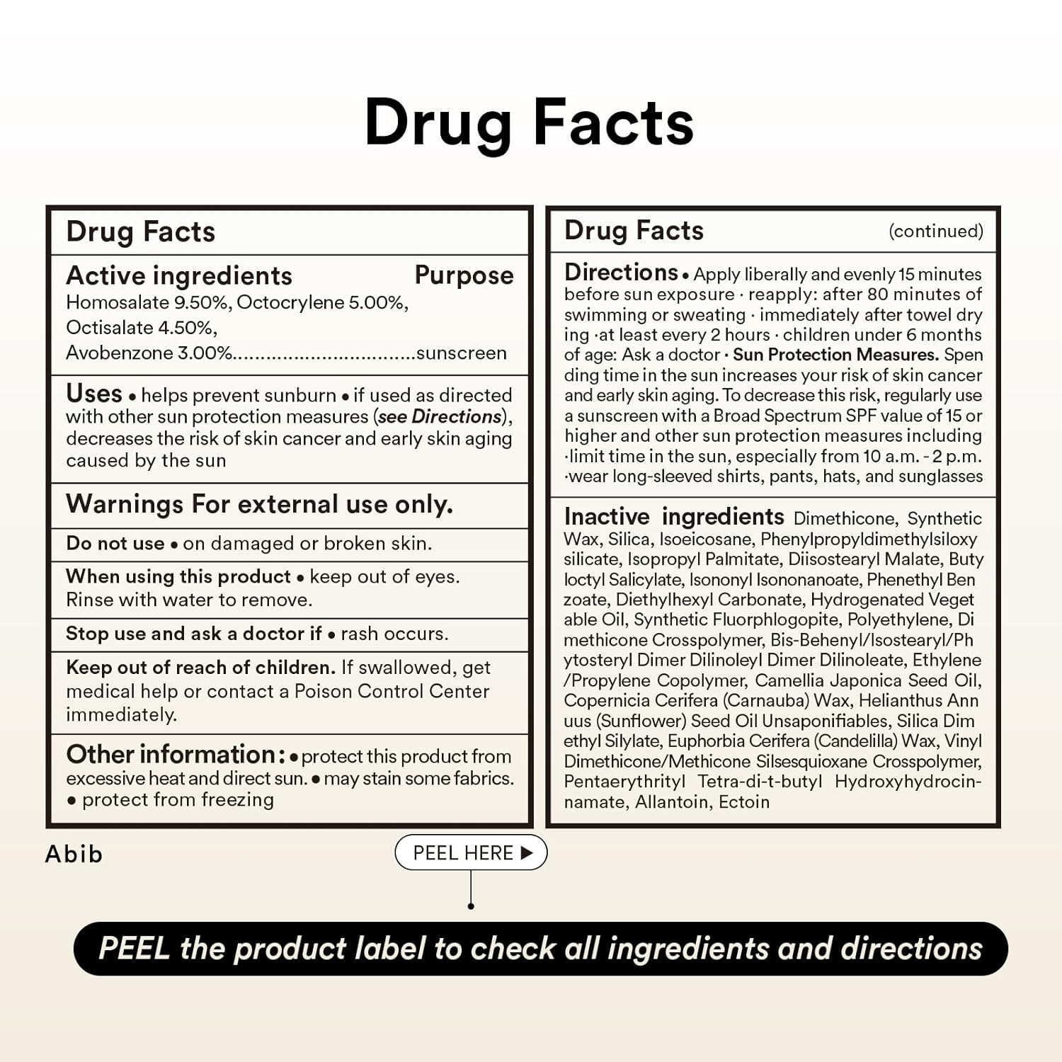 drug facts of Abib Airy Sunstick Smoothing Bar written 