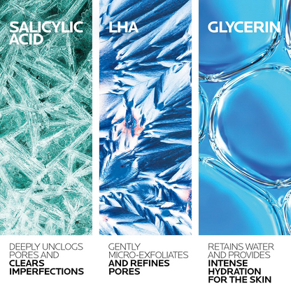 Three panels showing images of salicylic acid, LHA, and glycerin 