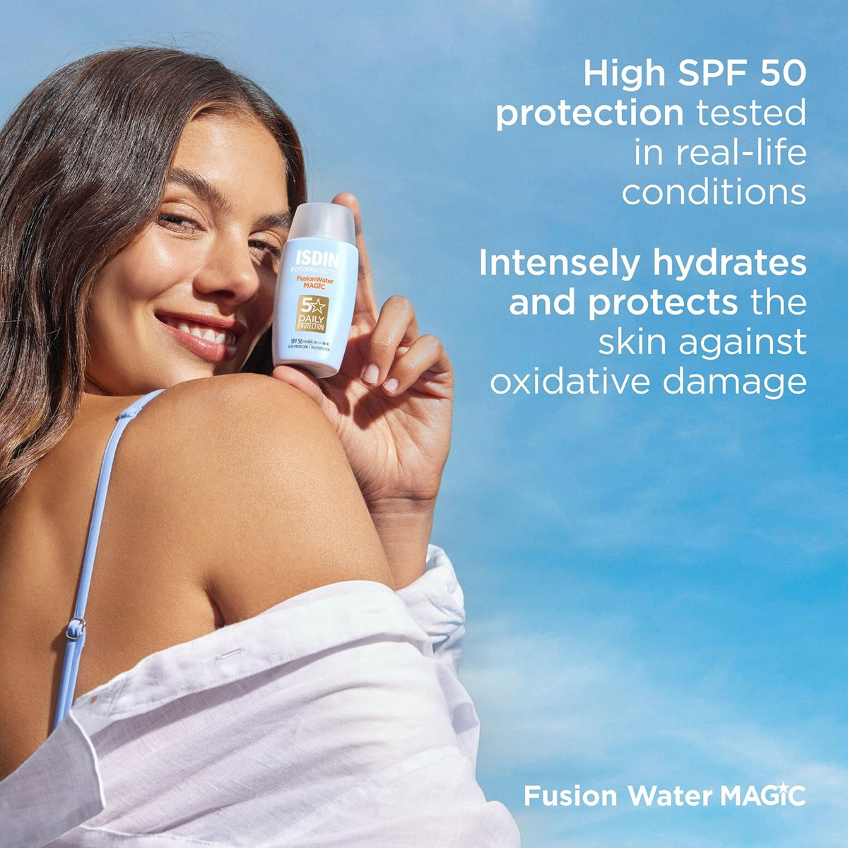 woman holding ISDIN Fusion Water Magic SPF50 50mL