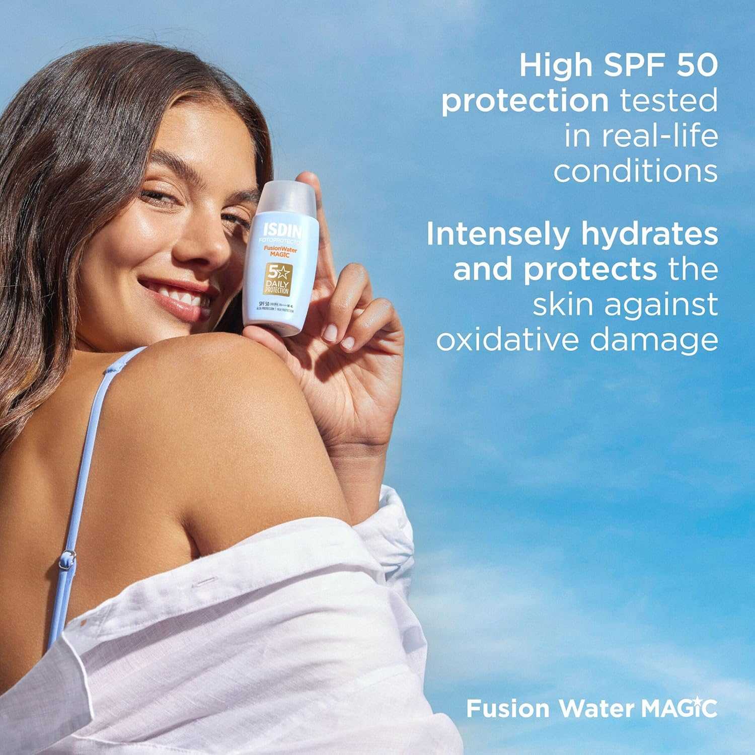 woman holding ISDIN Fusion Water Magic SPF50 50mL