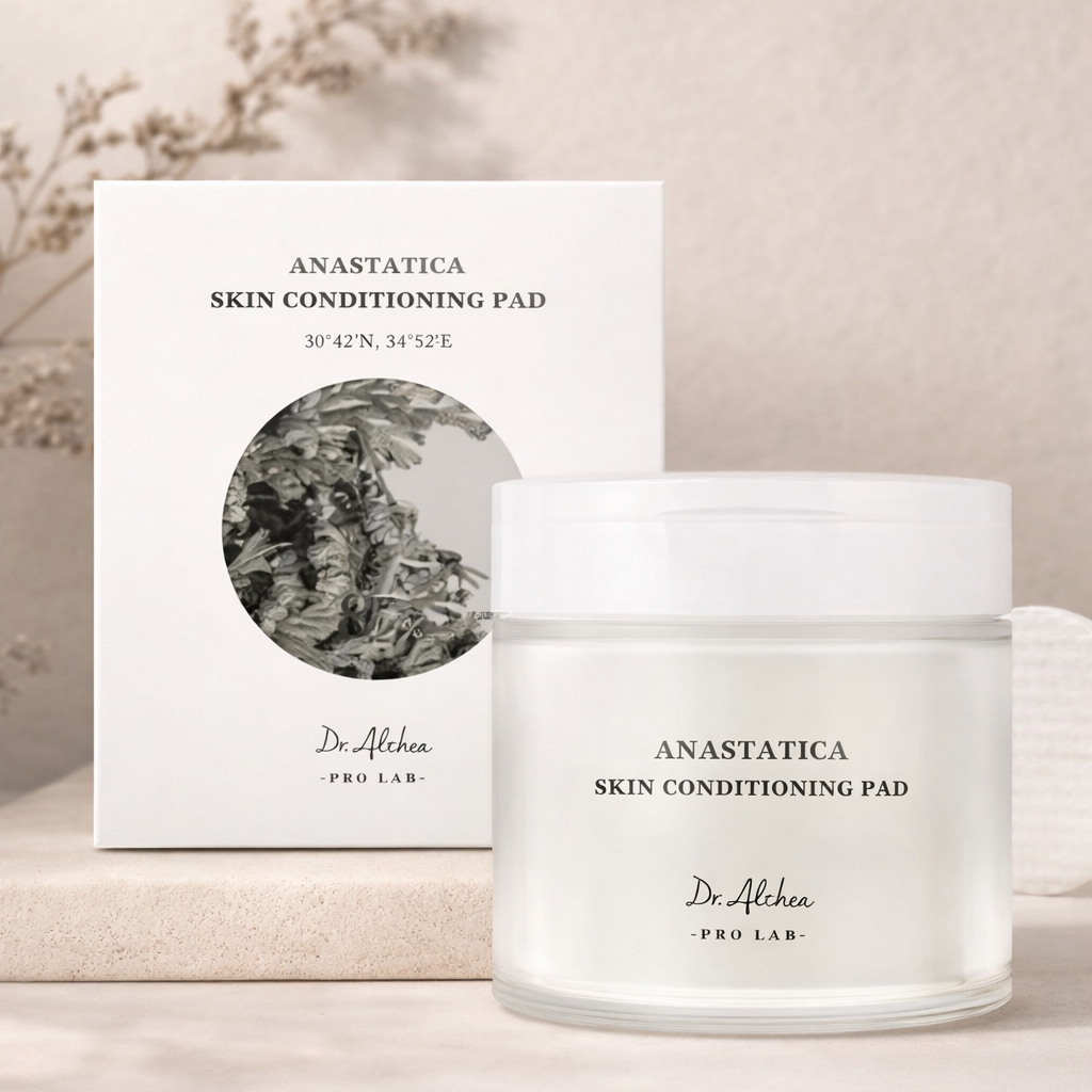 Dr. Althea Anastatica Skin Conditioning Pad jar with 65 double-sided Korean toner pads featuring Rose of Jericho and Hyaluronic Acid for hydrating, soothing and refining dry skin in UAE.