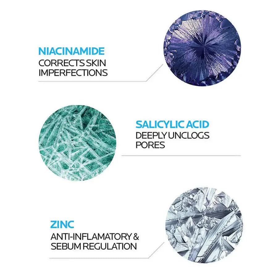 Illustration of niacinamide, salicylic acid, and zinc with their benefits