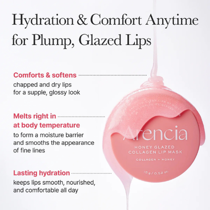 Arencia Honey Glazed Collagen Lip Mask 15g Korean overnight lip treatment with Honey, Hydrolyzed Collagen, five Ceramides and Squalane for dry, smooth and glossy lips in UAE.