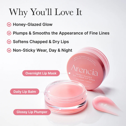 Arencia Honey Glazed Collagen Lip Mask 15g Korean overnight lip treatment with Honey, Hydrolyzed Collagen, five Ceramides and Squalane for dry, smooth and glossy lips in UAE.