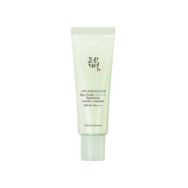 Beauty of Joseon Stay Fresh Tone-Up Sunscreen Green SPF50+ PA++++ 50ml with Centella and Ceramide for UVA UVB protection, redness correction and soothing skin care in UAE.