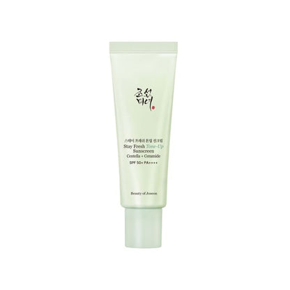 Beauty of Joseon Stay Fresh Tone-Up Sunscreen Green SPF50+ PA++++ 50ml with Centella and Ceramide for UVA UVB protection, redness correction and soothing skin care in UAE.