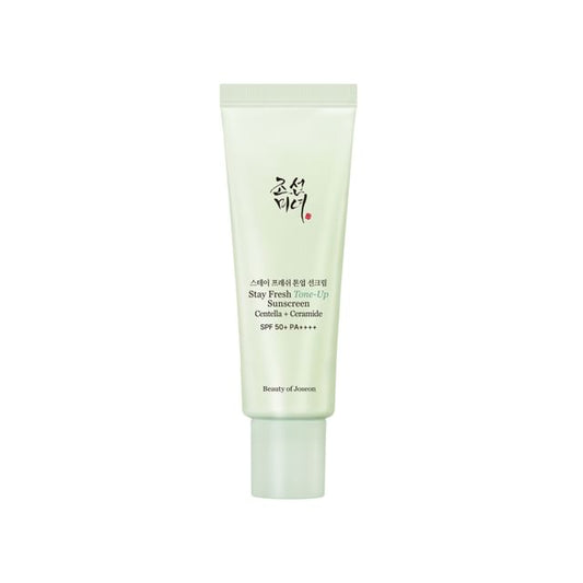 Beauty of Joseon Stay Fresh Tone-Up Sunscreen Green SPF50+ PA++++ 50ml with Centella and Ceramide for UVA UVB protection, redness correction and soothing skin care in UAE.