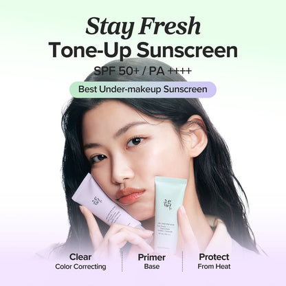 Beauty of Joseon Stay Fresh Tone-Up Sunscreen Green SPF50+ PA++++ 50ml with Centella and Ceramide for UVA UVB protection, redness correction and soothing skin care in UAE.