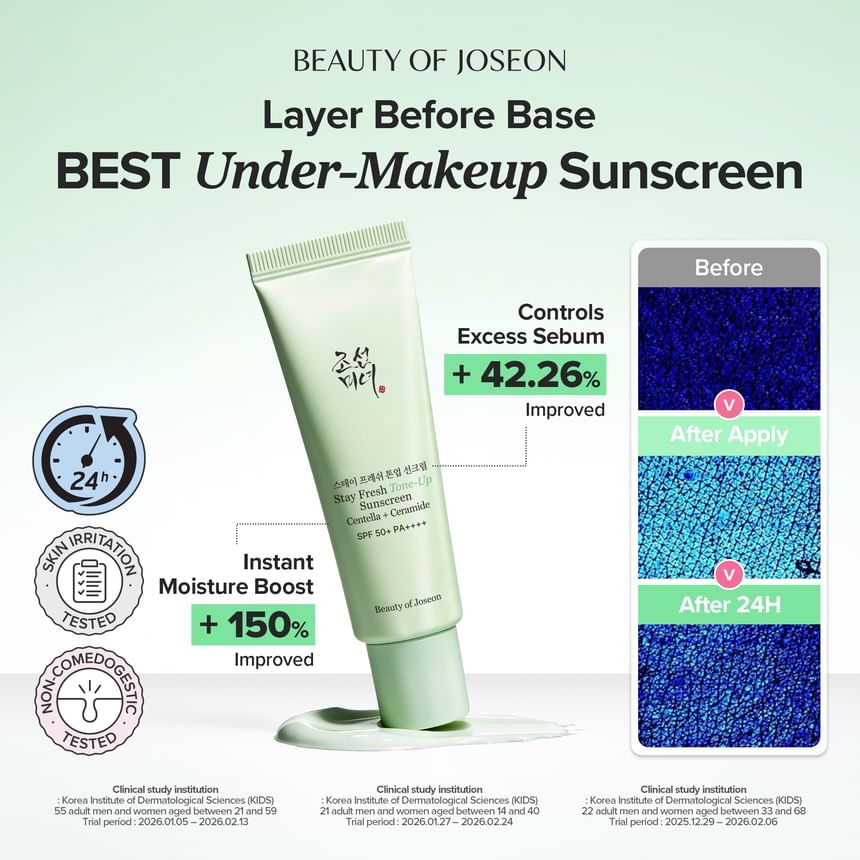 Beauty of Joseon Stay Fresh Tone-Up Sunscreen Green SPF50+ PA++++ 50ml with Centella and Ceramide for UVA UVB protection, redness correction and soothing skin care in UAE.