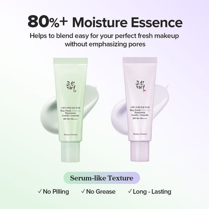 Beauty of Joseon Stay Fresh Tone-Up Sunscreen Green SPF50+ PA++++ 50ml with Centella and Ceramide for UVA UVB protection, redness correction and soothing skin care in UAE.