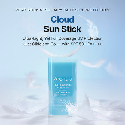Arencia Cloud Sun Stick SPF50+ PA++++ 18g Korean sunscreen with Hyaluronic Acid, Ceramide and Cica-PDRN for hydrating UV protection, sebum control and a silky matte finish in UAE.