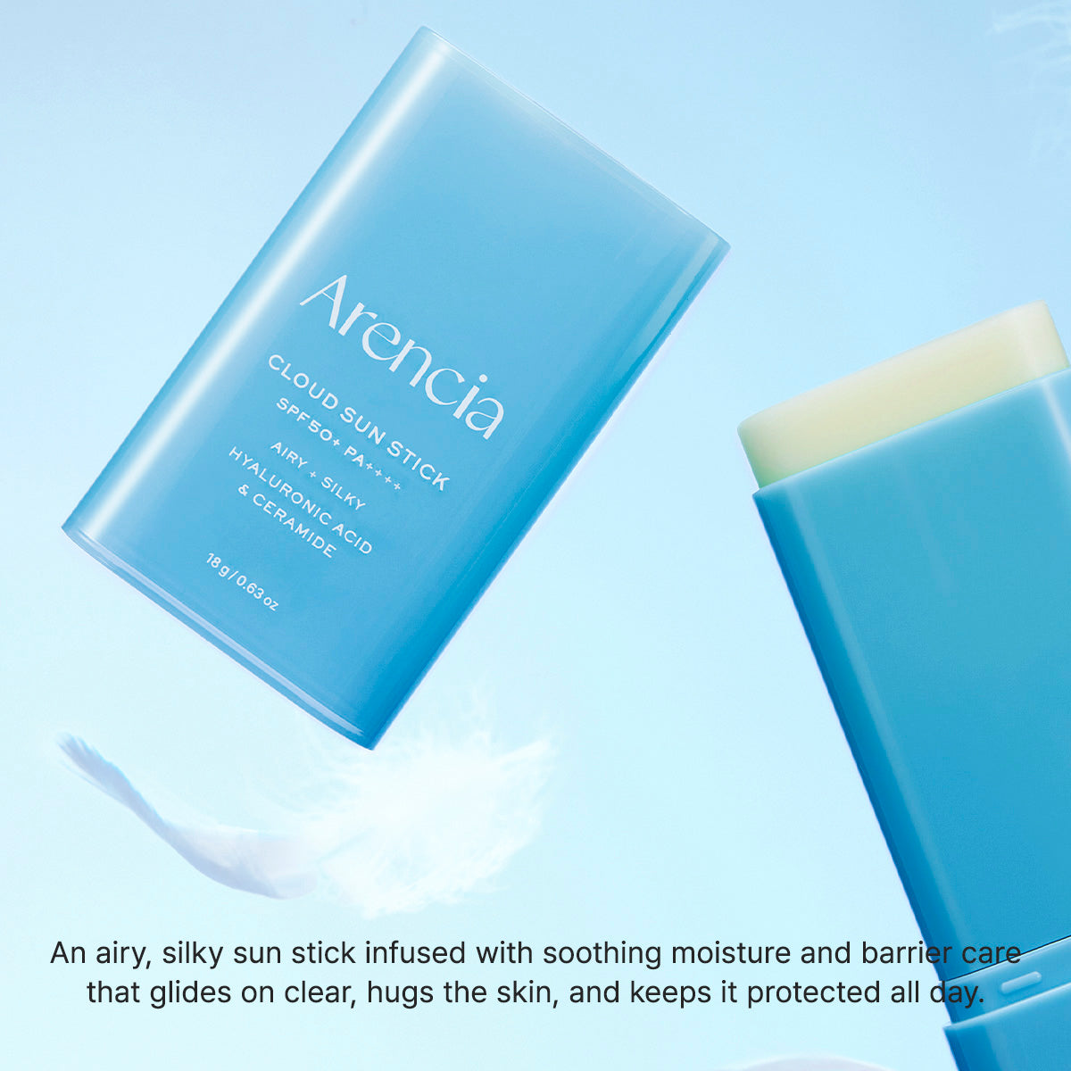 Arencia Cloud Sun Stick SPF50+ PA++++ 18g Korean sunscreen with Hyaluronic Acid, Ceramide and Cica-PDRN for hydrating UV protection, sebum control and a silky matte finish in UAE.