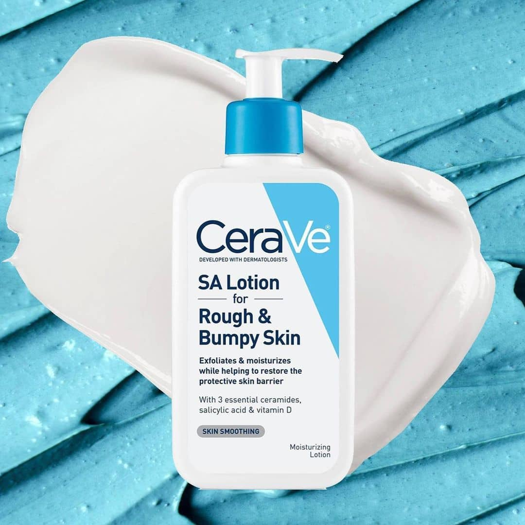 CeraVe SA Lotion for Rough & Bumpy Skin with product swatch on background
