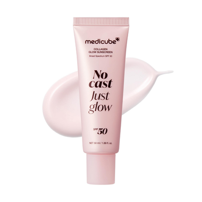 Medicube Collagen Glow Sunscreen SPF50 PA++++ with collagen and peptides for broad-spectrum UV protection, hydrated skin, and a radiant no white cast finish
