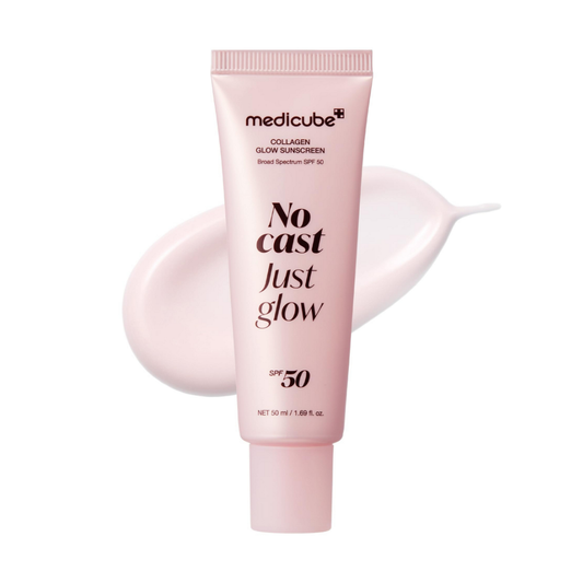 Medicube Collagen Glow Sunscreen SPF50 PA++++ with collagen and peptides for broad-spectrum UV protection, hydrated skin, and a radiant no white cast finish