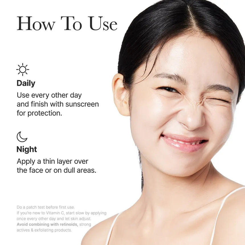 Woman with smooth skin and instructions on how to use a arencia vitamin c skincare product.